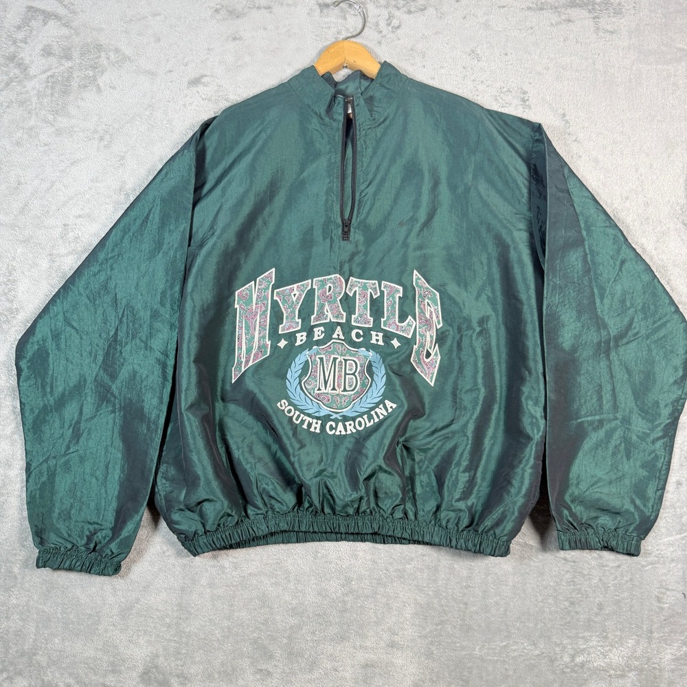 Vintage Surf Style OS Myrtle Beach Windbreaker Iridescent Teal Quarter Zip